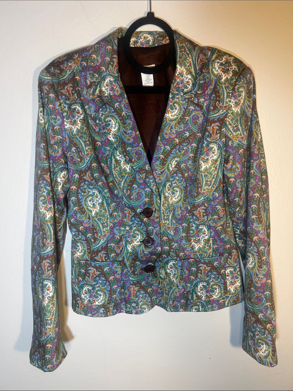 Vintage Notice Cotton Multicolor Paisley Purple Green Brown 3 Button Blazer 10